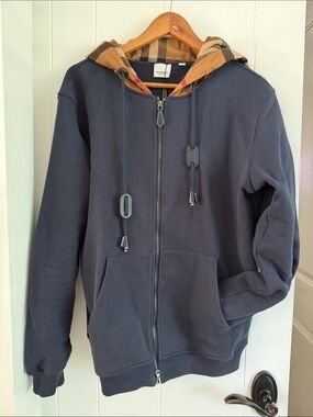 Burberry Navy Zip Hoodie with Signature Plaid Hood
